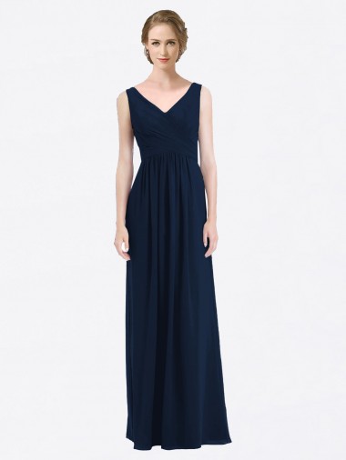 Bleu marine foncé Trapèze Col V Mousseline Longue Robes demoiselle d'honneur Pas Chre