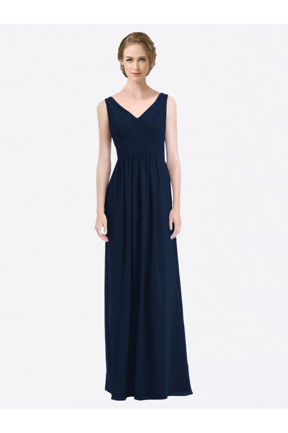 Bleu marine foncé Trapèze Col V Mousseline Longue Robes demoiselle d'honneur Pas Chère