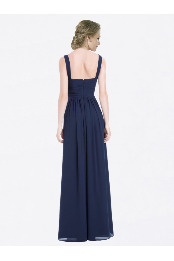 Bleu marine foncé Trapèze Col V Mousseline Longue Robes demoiselle d'honneur Pas Chère