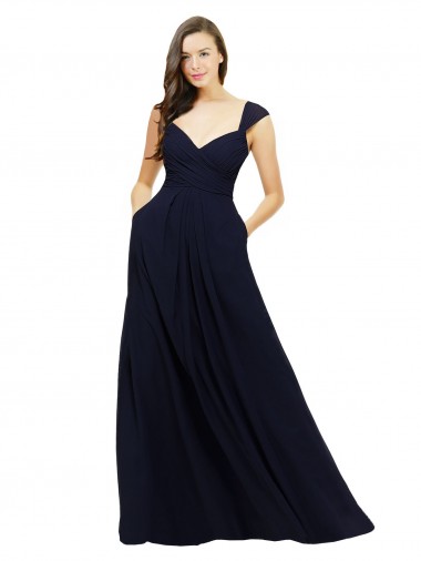 Bleu marine foncé Trapèze Col V Mousseline Longue Robes demoiselle d'honneur Pas Chre