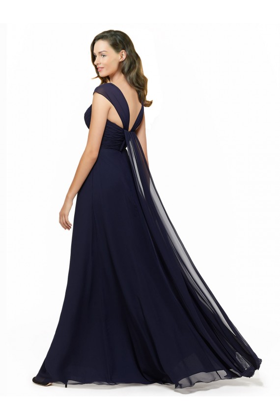 Bleu marine foncé Trapèze Col V Mousseline Longue Robes demoiselle d'honneur Pas Chère