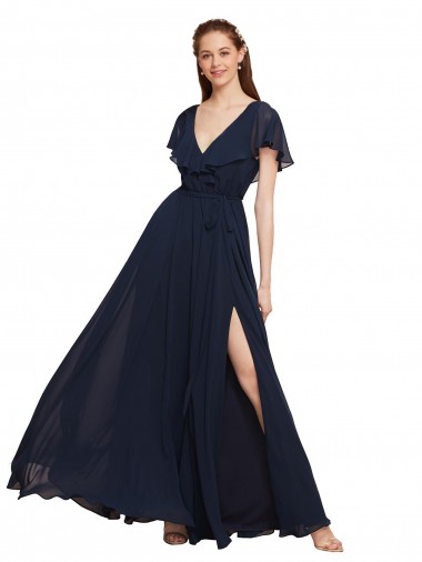 Bleu marine foncé Trapèze Col V Mousseline Longue Robes demoiselle d'honneur Pas Chre