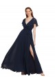 Bleu marine foncé Trapèze Col V Mousseline Longue Robes demoiselle d'honneur Pas Chère