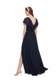 Bleu marine foncé Trapèze Col V Mousseline Longue Robes demoiselle d'honneur Pas Chère