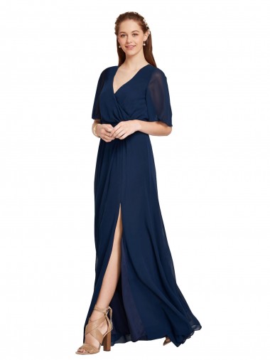 Bleu marine foncé Trapèze Col V Mousseline Longue Robes demoiselle d'honneur Pas Chre