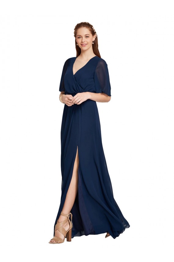 Bleu marine foncé Trapèze Col V Mousseline Longue Robes demoiselle d'honneur Pas Chère
