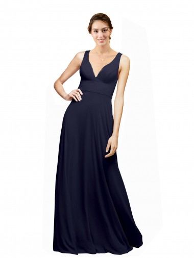Bleu marine foncé Trapèze Col V Mousseline Longue Robes demoiselle d'honneur Pas Chre