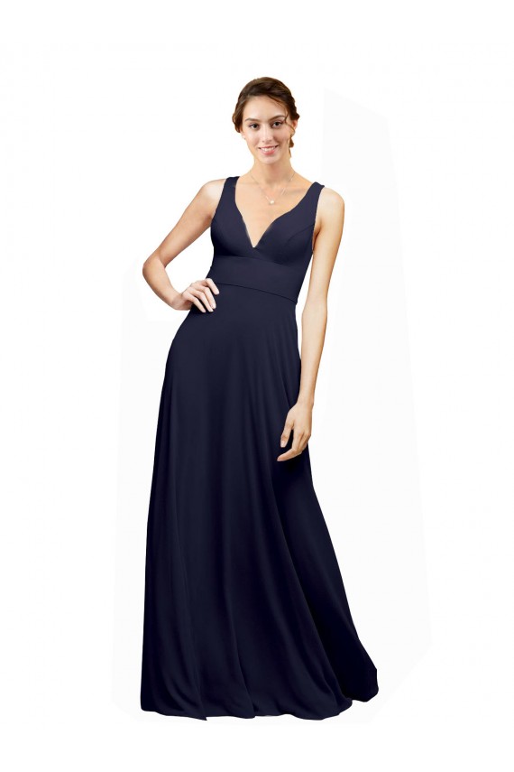 Bleu marine foncé Trapèze Col V Mousseline Longue Robes demoiselle d'honneur Pas Chère