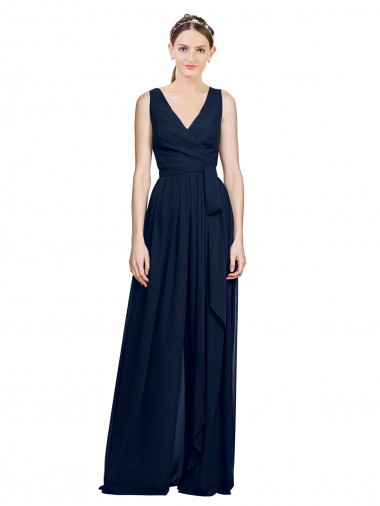 Bleu marine foncé Trapèze Col V Mousseline Longue Robes demoiselle d'honneur Pas Chre