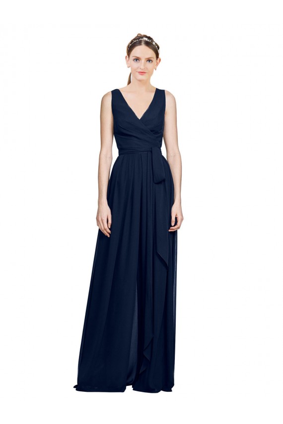 Bleu marine foncé Trapèze Col V Mousseline Longue Robes demoiselle d'honneur Pas Chère