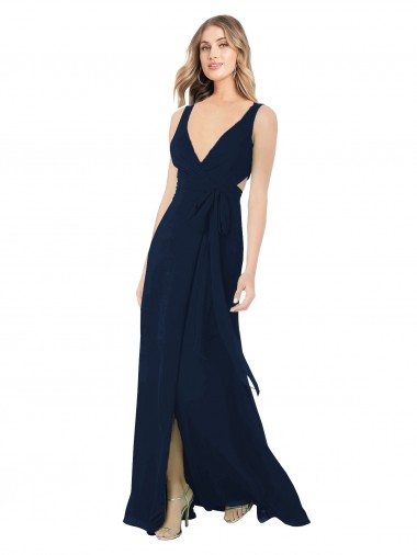 Bleu marine foncé Trapèze Col V Mousseline Longue Robes demoiselle d'honneur Pas Chre