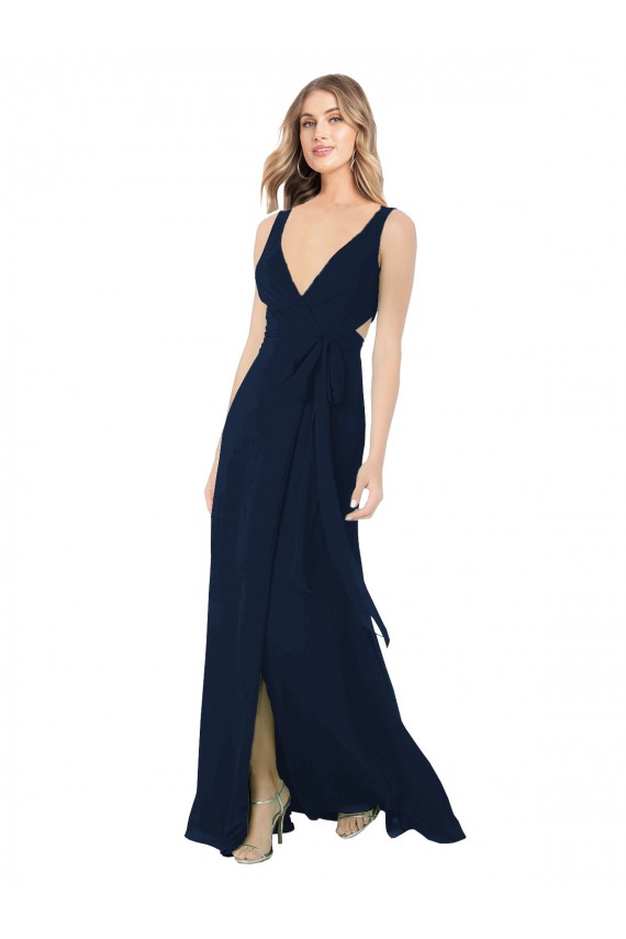 Bleu marine foncé Trapèze Col V Mousseline Longue Robes demoiselle d'honneur Pas Chère