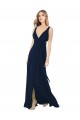 Bleu marine foncé Trapèze Col V Mousseline Longue Robes demoiselle d'honneur Pas Chère