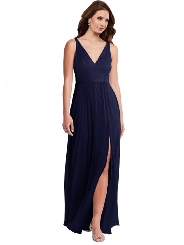 Bleu marine foncé Trapèze Col V Mousseline Longue Robes demoiselle d'honneur Pas Chre