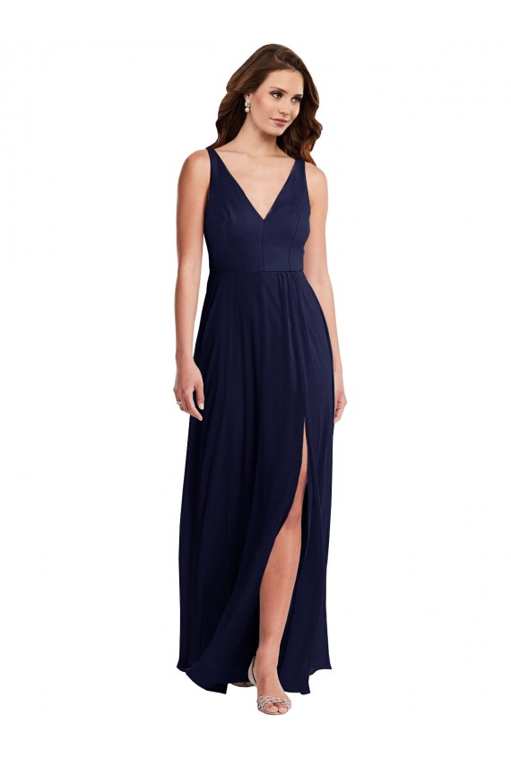 Bleu marine foncé Trapèze Col V Mousseline Longue Robes demoiselle d'honneur Pas Chère