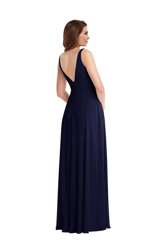 Bleu marine foncé Trapèze Col V Mousseline Longue Robes demoiselle d'honneur Pas Chère