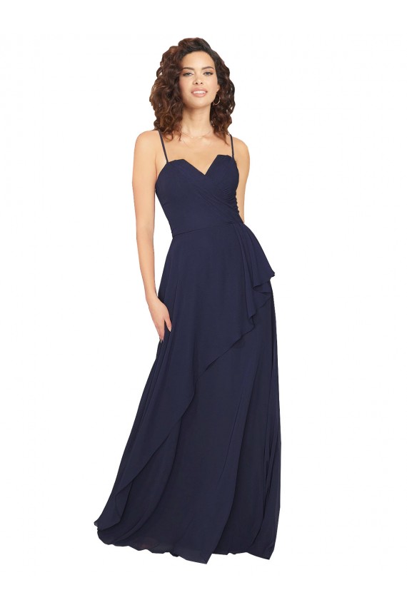 Bleu marine foncé Trapèze Col V Mousseline Longue Robes demoiselle d'honneur Pas Chère