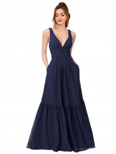 Bleu marine foncé Trapèze Col V Mousseline Longue Robes demoiselle d'honneur Pas Chre