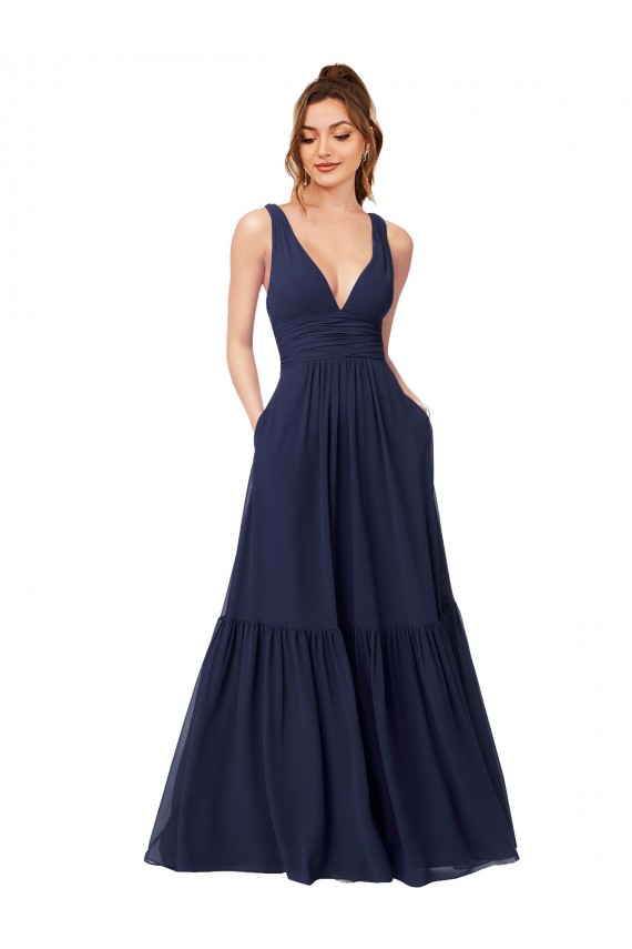 Bleu marine foncé Trapèze Col V Mousseline Longue Robes demoiselle d'honneur Pas Chère