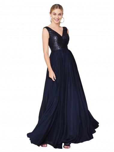 Bleu marine foncé Trapèze Col V Mousseline Paillette Longue Robes demoiselle d'honneur / Robes de bal Pas Ch��re