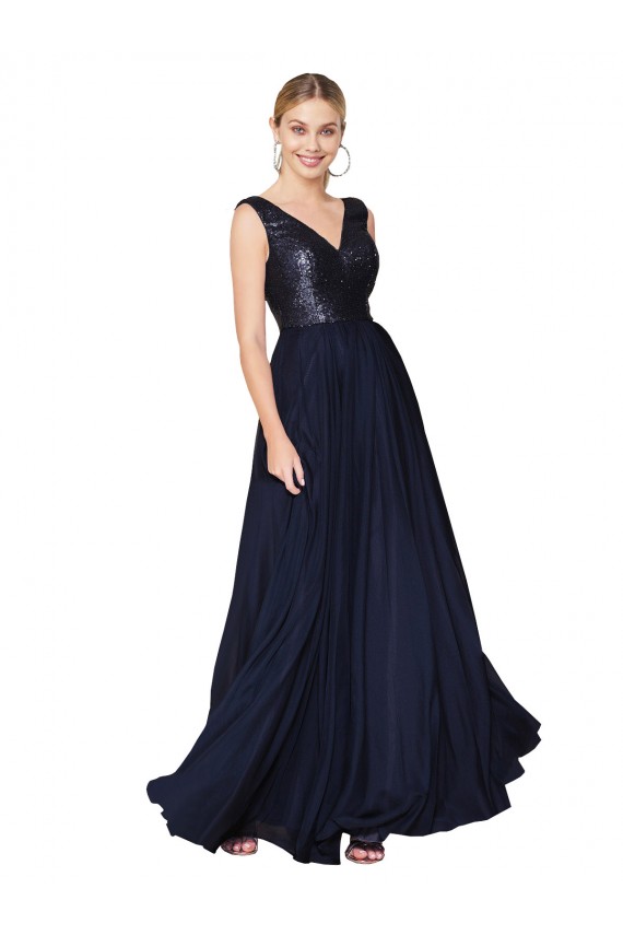 Bleu marine foncé Trapèze Col V Mousseline Paillette Longue Robes demoiselle d'honneur / Robes de bal Pas Chère