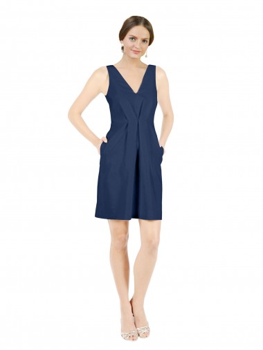 Bleu marine foncé Trapèze Col V Satiné Courte Robes demoiselle d'honneur / Robes de cocktail Pas Chre