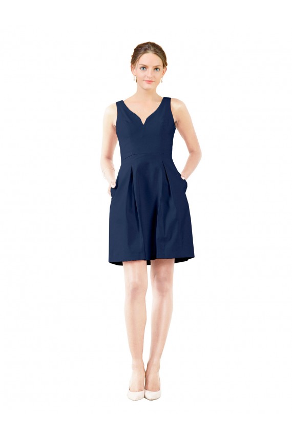 Bleu marine foncé Trapèze Col V Satiné Courte Robes demoiselle d'honneur / Robes de cocktail Pas Chère