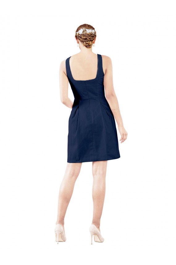 Bleu marine foncé Trapèze Col V Satiné Courte Robes demoiselle d'honneur / Robes de cocktail Pas Chère