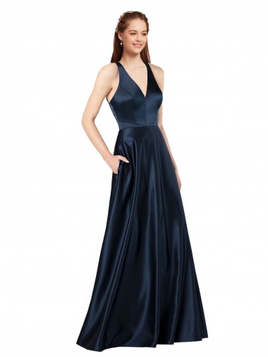 Bleu marine foncé Trapèze Col V Satiné Longue Formelles Robes demoiselle d'honneur / Robes de soirée / Robes de bal Pas Chre