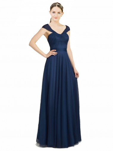 Bleu marine foncé Trapèze Col V Tulle Longue Robes demoiselle d'honneur Pas Chre