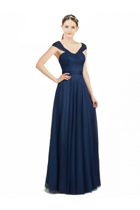 Bleu marine foncé Trapèze Col V Tulle Longue Robes demoiselle d'honneur Pas Chère