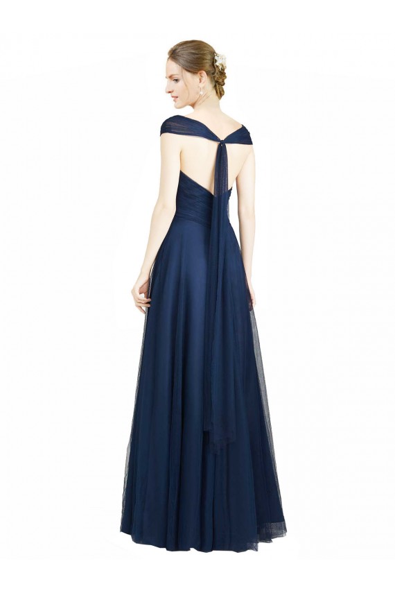 Bleu marine foncé Trapèze Col V Tulle Longue Robes demoiselle d'honneur Pas Chère