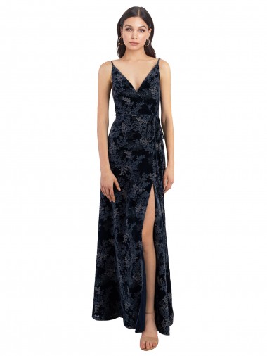 Bleu marine foncé Trapèze Col V Velours Floral Velours Stretch Longue Robes demoiselle d'honneur Pas Chre