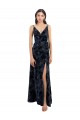 Bleu marine foncé Trapèze Col V Velours Floral Velours Stretch Longue Robes demoiselle d'honneur Pas Chère