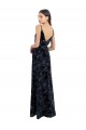 Bleu marine foncé Trapèze Col V Velours Floral Velours Stretch Longue Robes demoiselle d'honneur Pas Chère