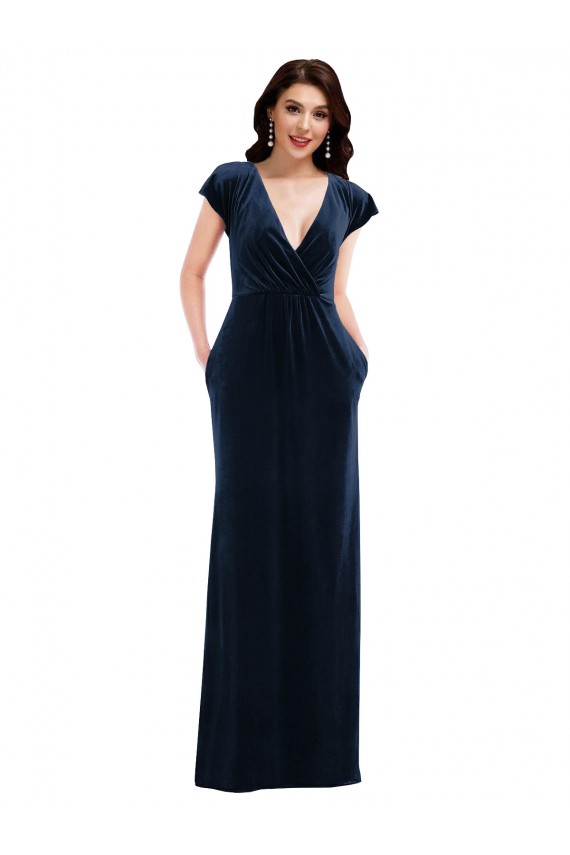 Bleu marine foncé Trapèze Col V Velours Stretch Longue Formelles Robes demoiselle d'honneur / Robes de soirée / Robes de bal Pas Chère