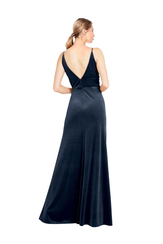 Bleu marine foncé Trapèze Col V Velours Stretch Longue Robes demoiselle d'honneur / Robes de bal Pas Chère