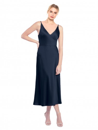 Bleu marine foncé Trapèze Col V midi Satiné Stretch Courte Robes demoiselle d'honneur / Robes de soirée / Robes de cocktail Pas Chre