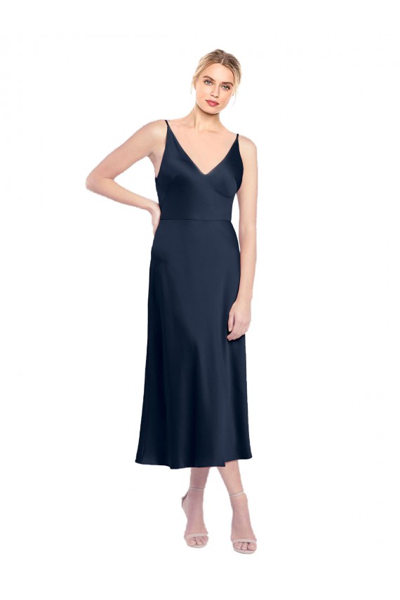 Bleu marine foncé Trapèze Col V midi Satiné Stretch Courte Robes demoiselle d'honneur / Robes de soirée / Robes de cocktail Pas Chère