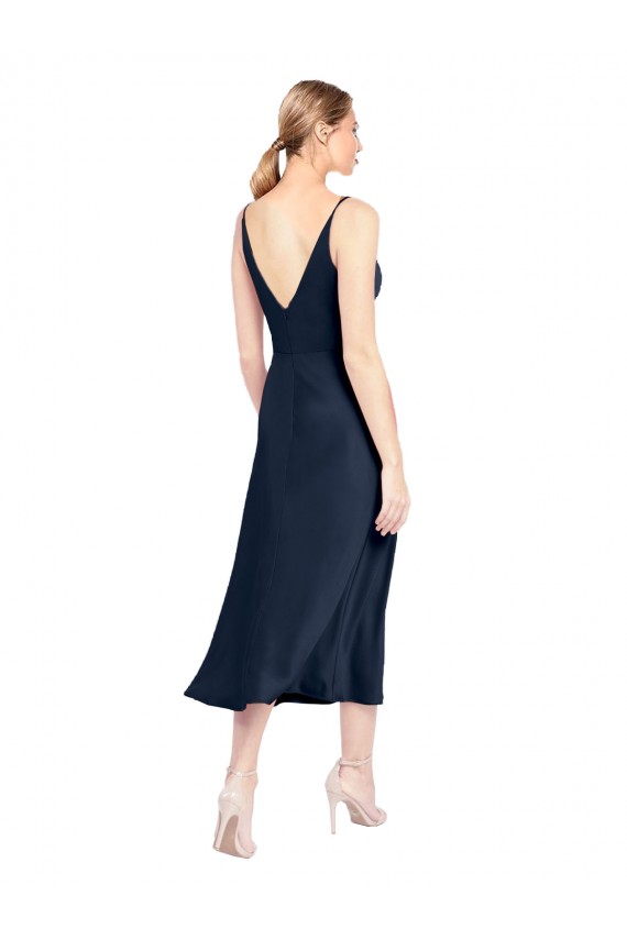 Bleu marine foncé Trapèze Col V midi Satiné Stretch Courte Robes demoiselle d'honneur / Robes de soirée / Robes de cocktail Pas Chère