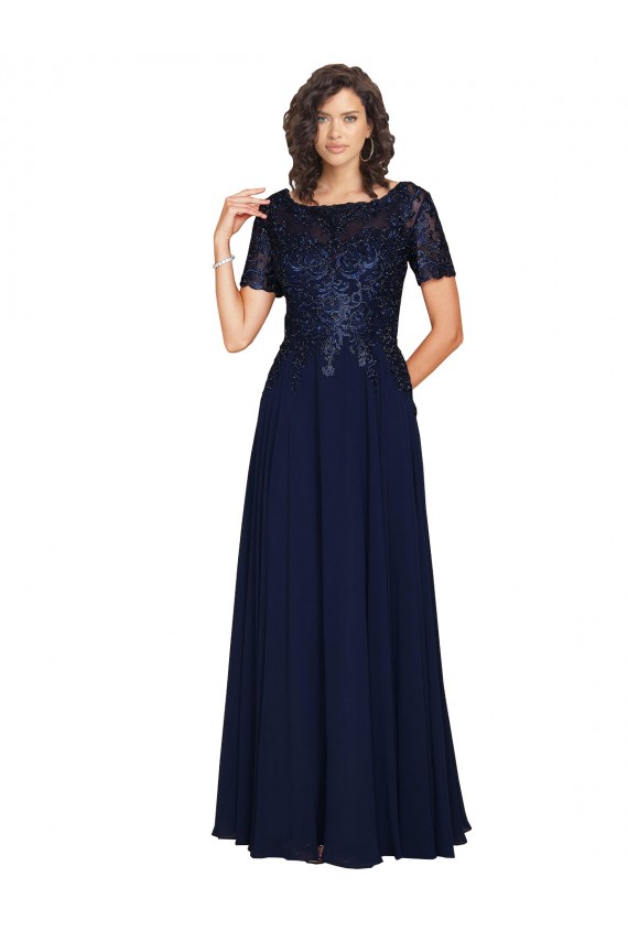 Bleu marine foncé Trapèze Col rond Mousseline Longue Robes demoiselle d'honneur / Robes de bal Pas Chère