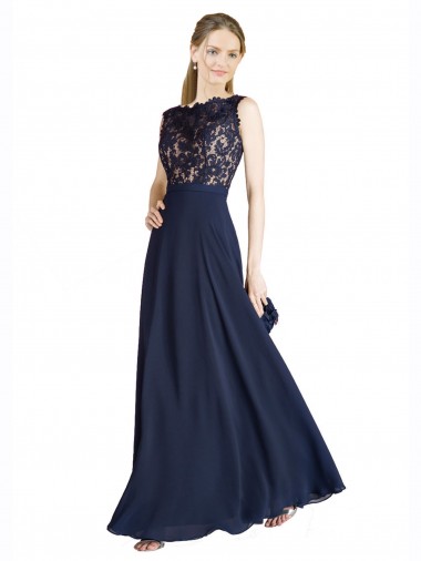 Bleu marine foncé Trapèze Illusion Mousseline Dentelle Longue Robes demoiselle d'honneur / Robes de bal Pas Chre