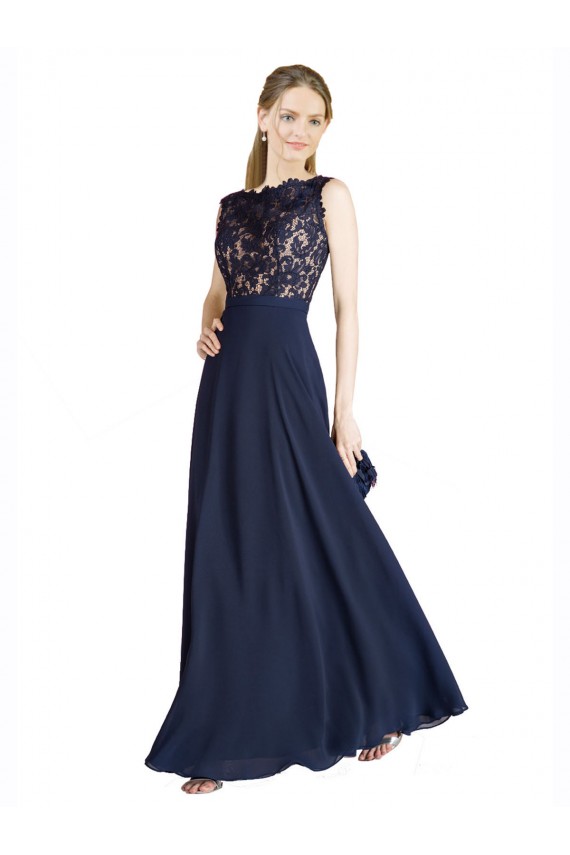 Bleu marine foncé Trapèze Illusion Mousseline Dentelle Longue Robes demoiselle d'honneur / Robes de bal Pas Chère