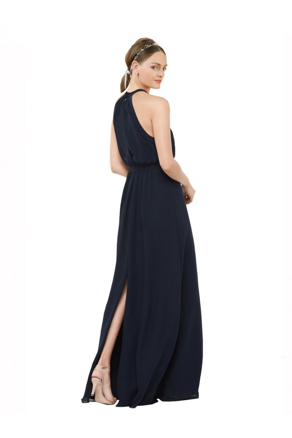 Bleu marine foncé Trapèze Licou Col Haut Mousseline Longue Robes demoiselle d'honneur Pas Chère