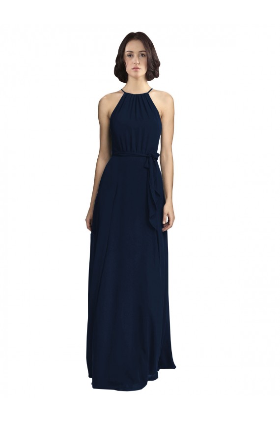 Bleu marine foncé Trapèze Licou Col Haut Mousseline Longue Robes demoiselle d'honneur Pas Chère