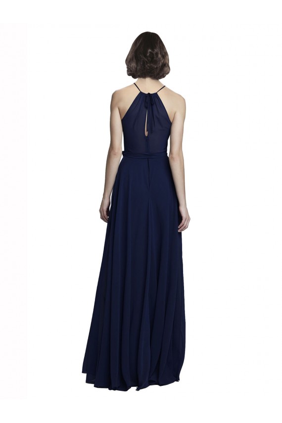 Bleu marine foncé Trapèze Licou Col Haut Mousseline Longue Robes demoiselle d'honneur Pas Chère