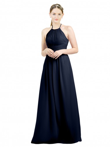 Bleu marine foncé Trapèze Licou Col Haut Mousseline Longue Robes demoiselle d'honneur Pas Chre