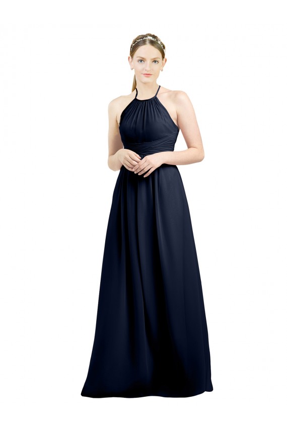 Bleu marine foncé Trapèze Licou Col Haut Mousseline Longue Robes demoiselle d'honneur Pas Chère