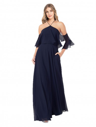 Bleu marine foncé Trapèze Licou Col Haut Mousseline Longue Robes demoiselle d'honneur Pas Chre