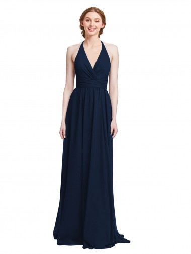 Bleu marine foncé Trapèze Licou Col V Mousseline Longue Robes demoiselle d'honneur Pas Chre